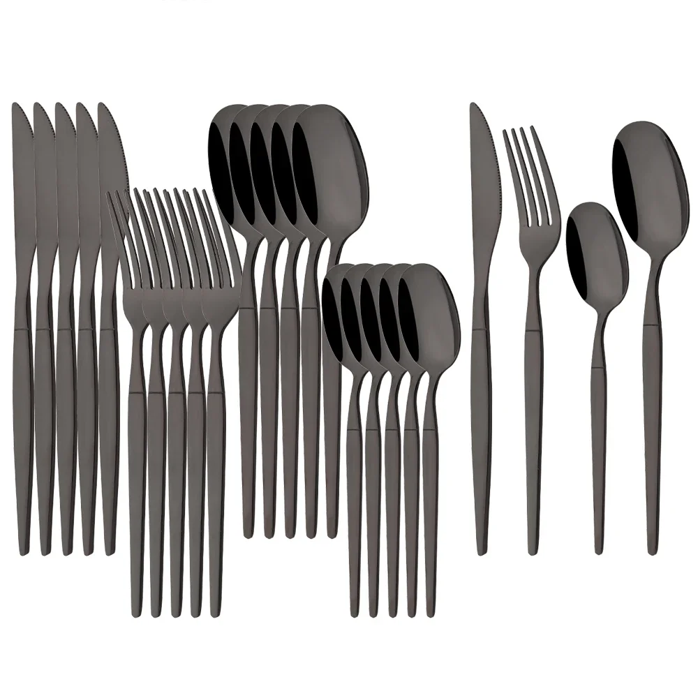 24Pcs Black Dinnerware Set Stainless Steel Tableware Knife Fork Coffee Spoon Teaspoons Cutlery Set Party Kitchen Flatware