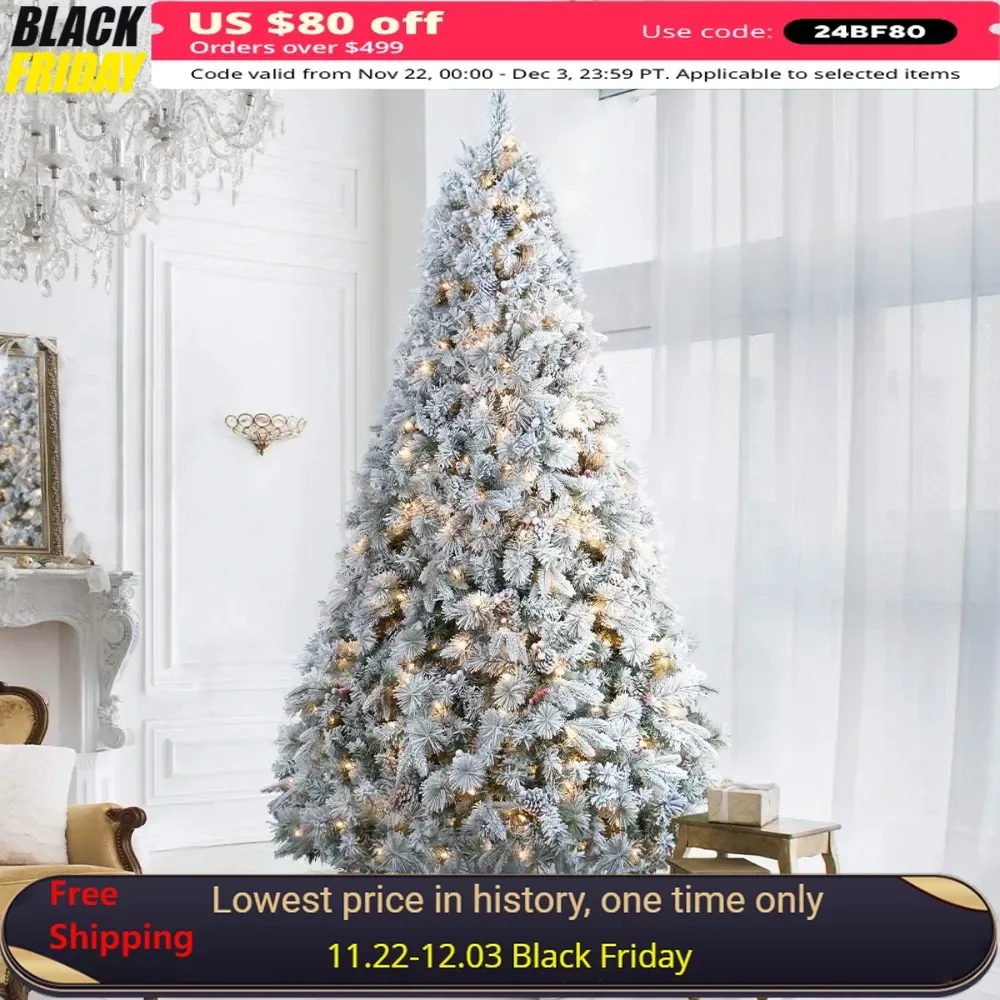 9ft Flocked Christmas Tree Prelit Lights, Pre-Lit 700 Warm Lights with Pine Cones Red Berries Holiday Decor Artificial Trees