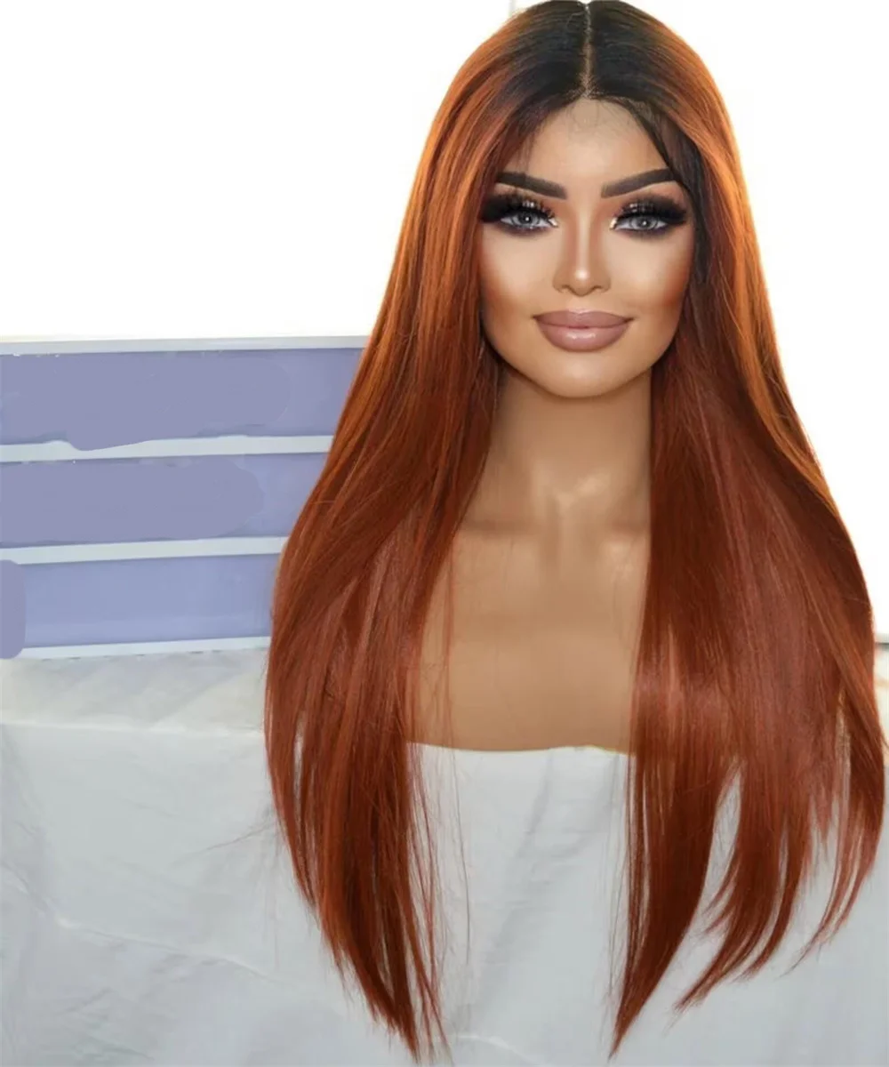 

Soft 26" 180Density Ombre Orange Brown Silky Straight Lace Front Wig For Women with Babyhair Preplucked Heat Resistant Glueless