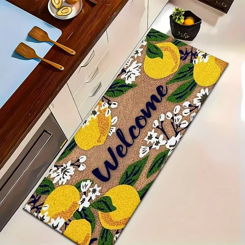 Lemon Welcome Letter Runner Rug Bright Citrus Floral Print Non Slip Mat Rustic Farmhouse Entry Home Decor