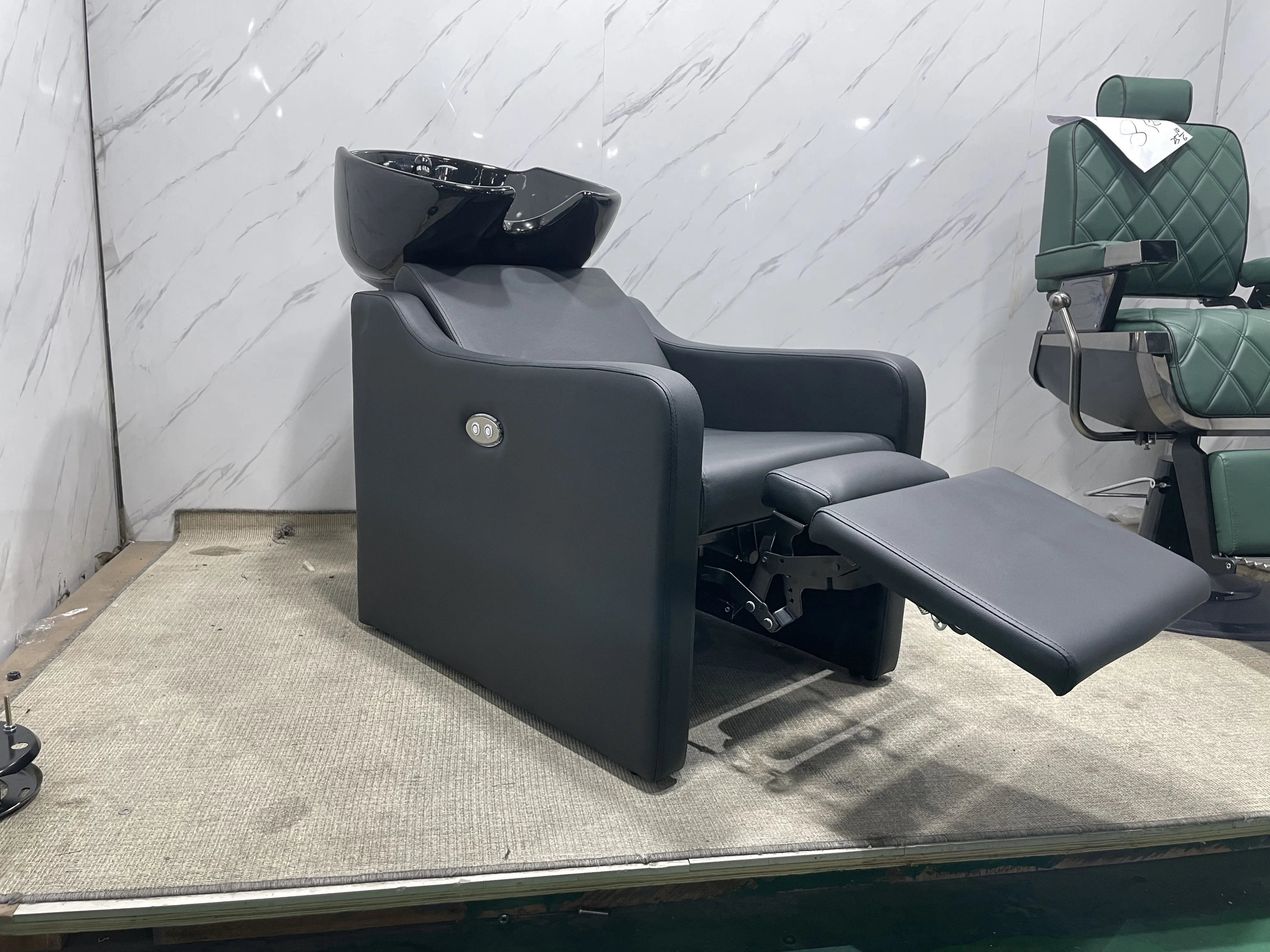 Electric Reclining Shampoo Chair Salon Wash Unit with Footrest Black Ceramic Bowl Comfortable Spa Backwash Station