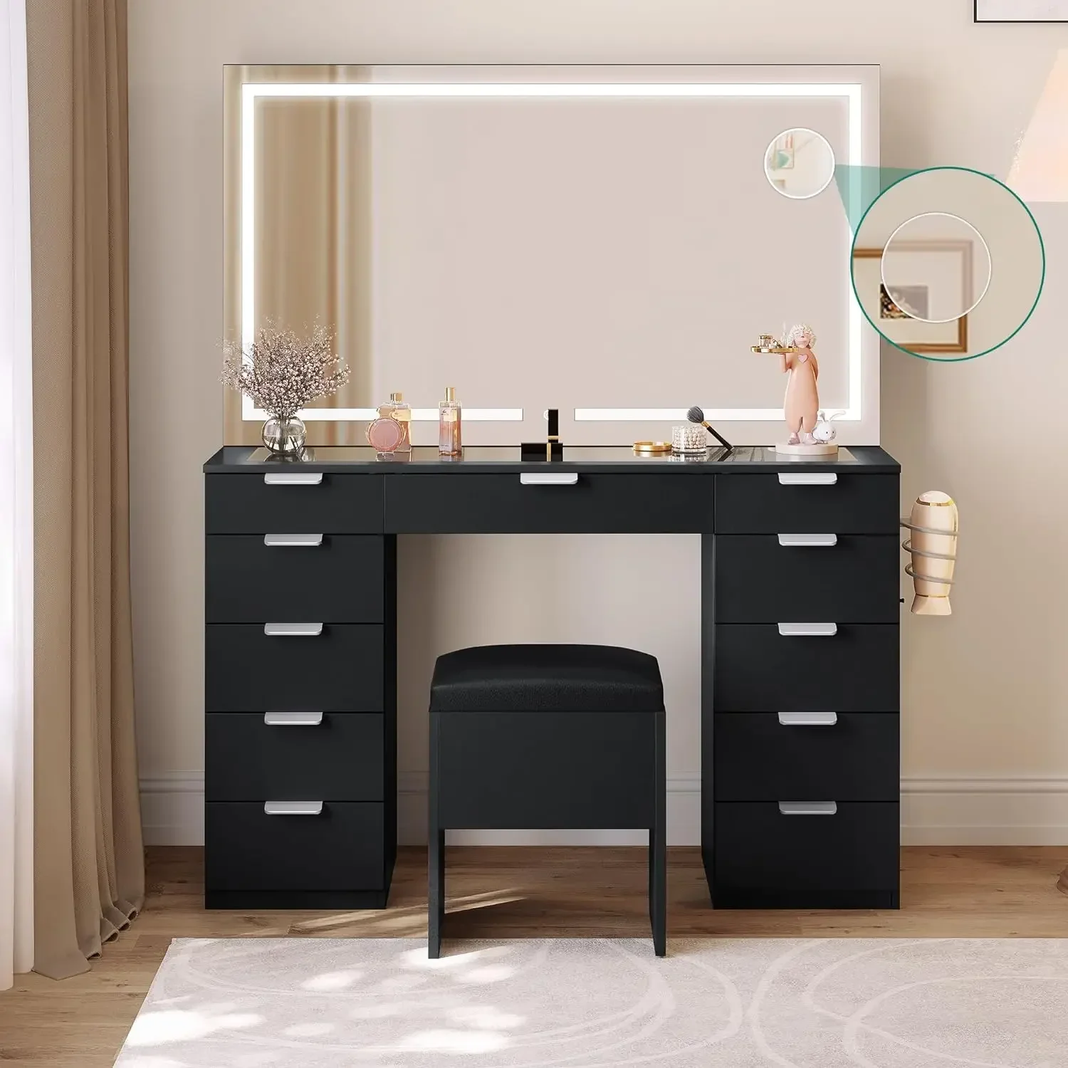 Vanity Desk Set with Large LED Lighted Mirror & Power Outlet, Glass Top Vanity with Drawers and Magnifying Glass, Makeup Vanity