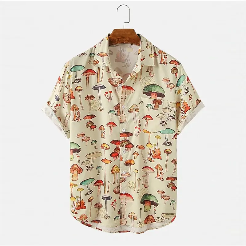 

Summer Hawaiian Shirt Graphic Print Mushroom Cuff Short Sleeve Button-Down Shirt Tropical Fashion Comfortable Hawaiian Design