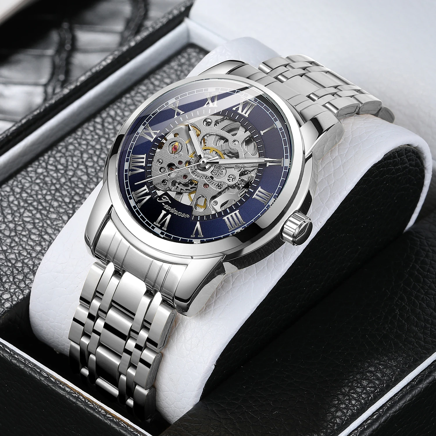 

T-WINNER модные роскошные мужские автоматические механические часы со скелетом, светящиеся указатели, римские цифры, стальные деловые наручные часы