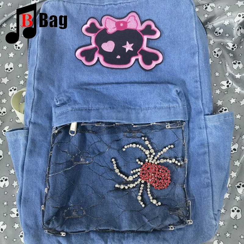 Bông Tai Kẹp Nữ Cô Gái Nhỏ Dễ Thương Đầu Lâu Denim Vai Túi Ba Lô Học Sinh Công Suất Lớn Ba Lô Túi Sách Đi Lại Túi Xách