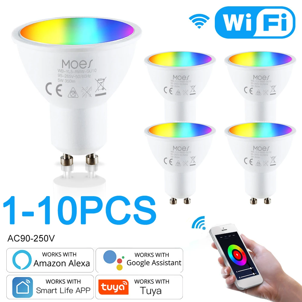 

GU10 Tuya WIFI switch Smart LED Bulbs RGB C+W White Dimmable Lamps Smart Life APP Control Light Work with Alexa Google Home