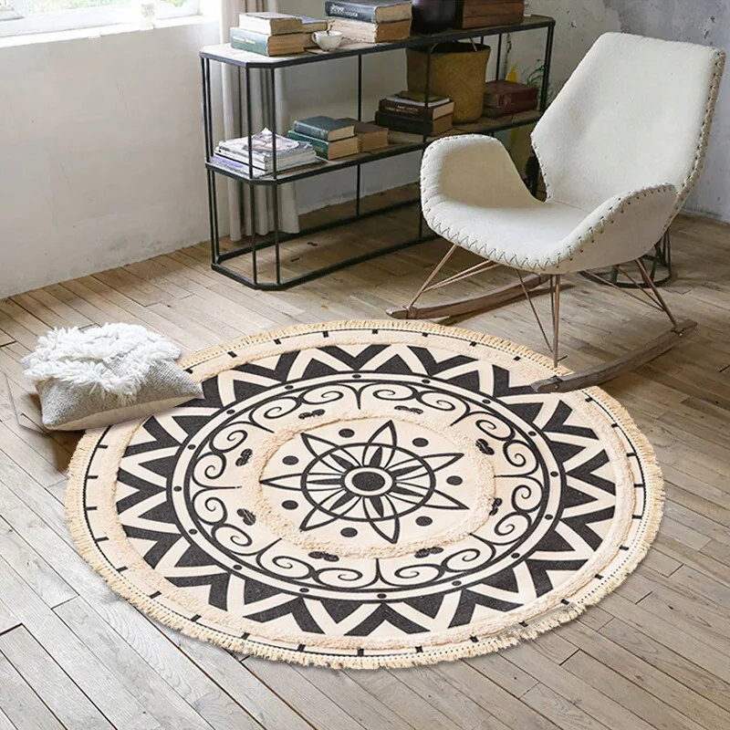 Ethnic Style Round Carpet Bedroom Door Anti-slip Rug Small Bohemian Geometric Hand-woven Home Room Decoration Rugs Cotton Linen