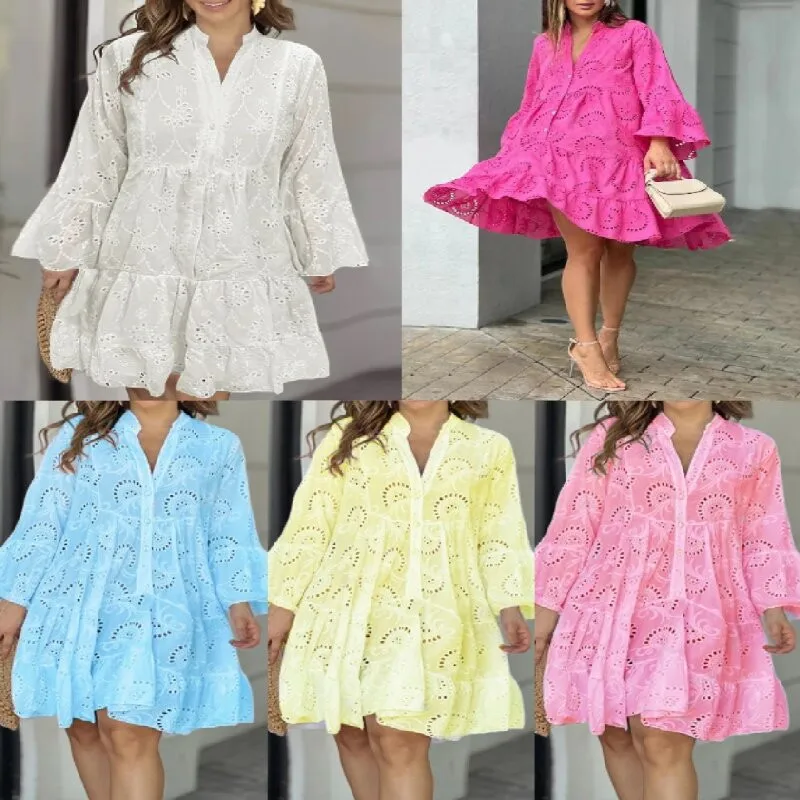 Vestidos Hollow Out para mulheres, elegante vestido de renda vintage, decote em v, bordado solto, mini vestidos de praia, verão e outono, 2996