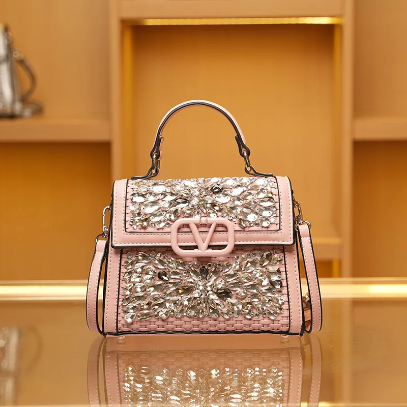 

Женская винтажная тканая большая сумка 2025 года с ромбовидными украшениями - стильная мини-квадратная женская сумка через плечо через плечо