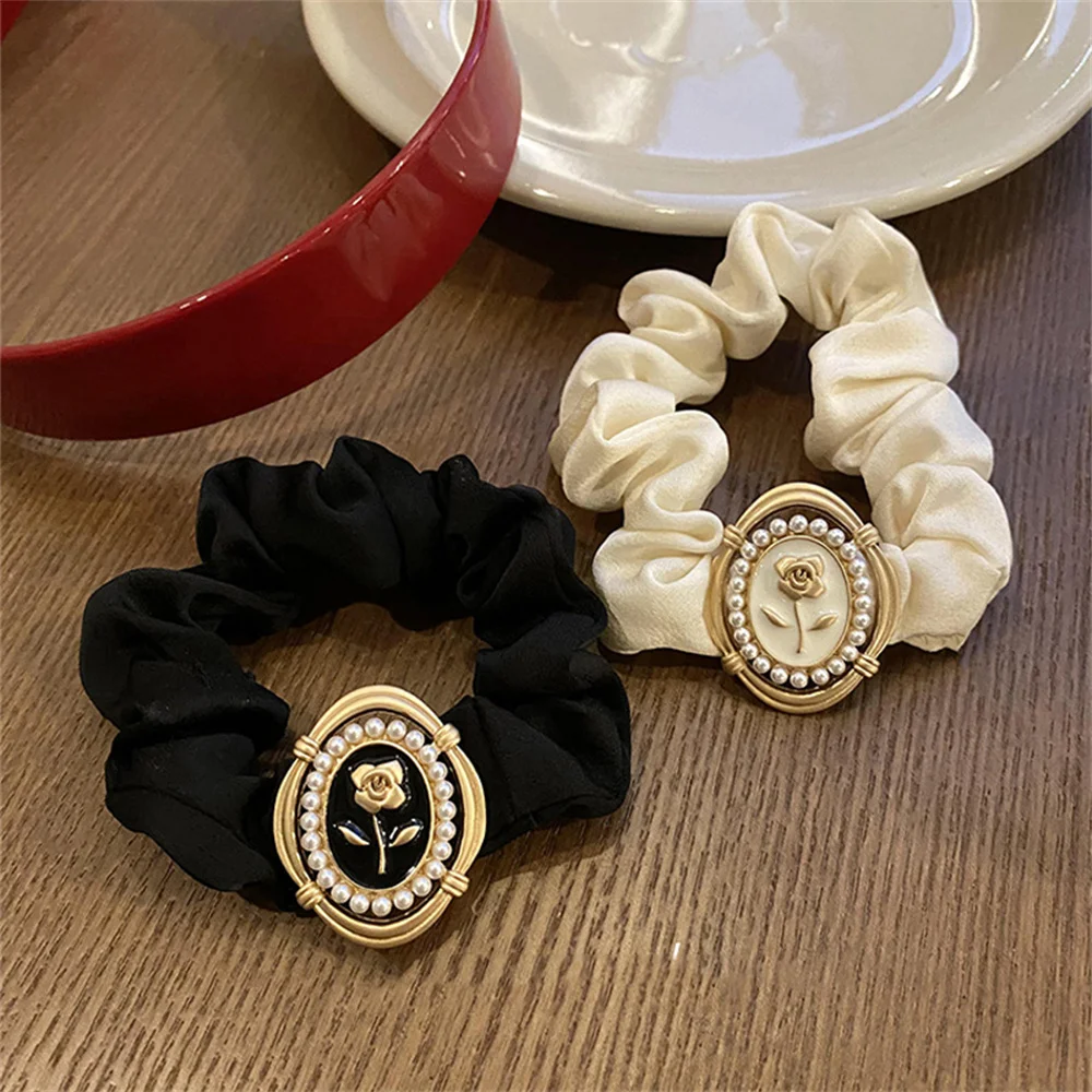 3 Color Vintage Rose Hair Rope Pearl Hair Ties Silks Large Intestine Scrunchies For Women Girl Ponytail Bands Hair Accessory