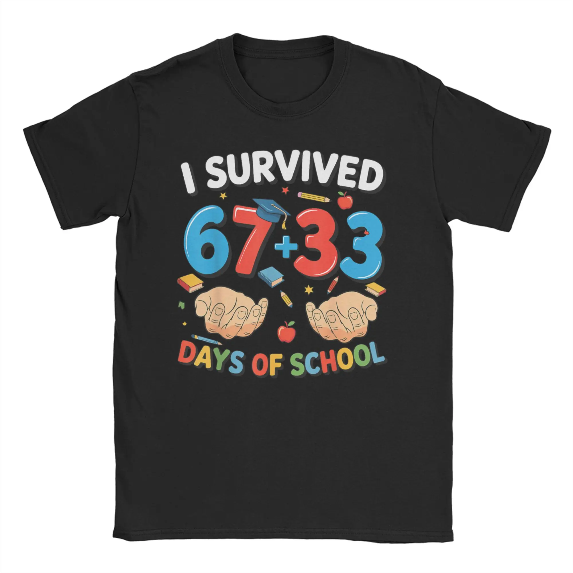 

Bruh I Survived 67 + 33 Days of School 100th Day of School T Shirts Men Cotton Fun T-Shirts Crewneck Tee Shirt