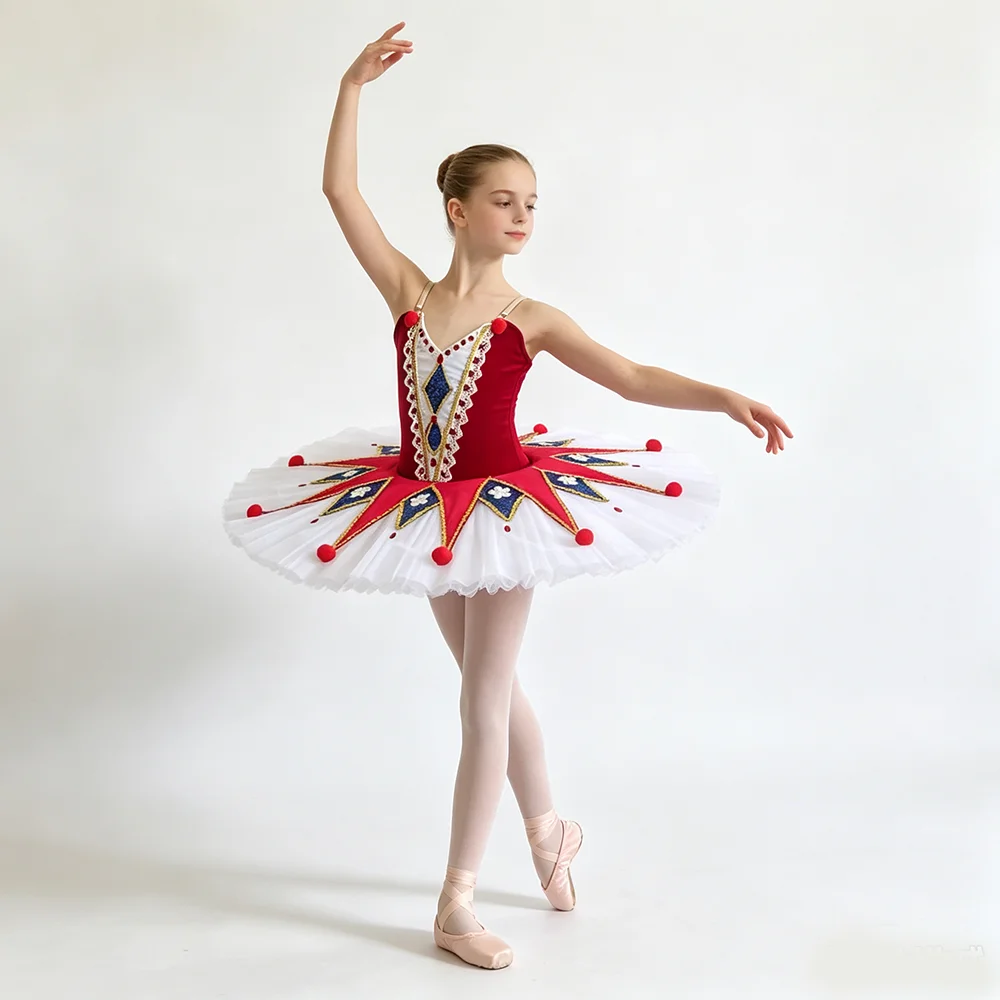 Kids Clown Ballet Tutu Dress Girls Professional Ballet Costume Red White Blue Pompom Ballerina Outfit for Stage Performance,