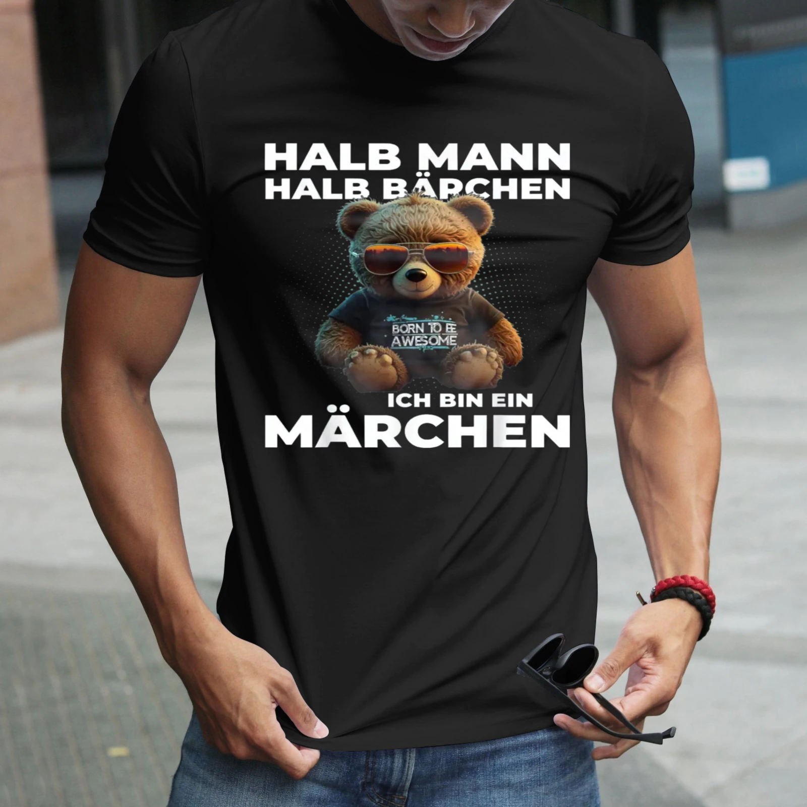 Herren-T-Shirt „Half Man Half Bear Fairy Tale“, perfekt für Freizeitkleidung, Partys und Karnevalsoutfits