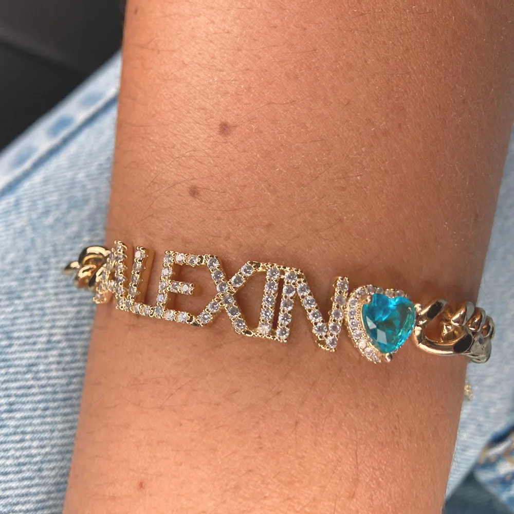 

Custom Ice Out Letter Name Women Bracelet 18K Gold Cuban Chain Personalized Stainless Steel Jewelry With Heart Birthstone Gift