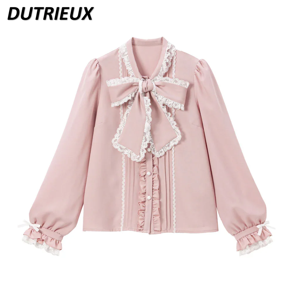 ญี่ปุ่น Lolita สไตล์อเนกประสงค์หวานสบายๆเสื้อโบว์ใหญ่ขอบลูกไม้สีทึบ Bottoming เสื้อแขนยาวสําหรับผู้หญิง