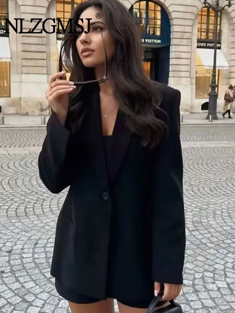 Nlzgmsj TRAF Women Black Blazer Lapel Long Sleeve Loose Fit Jacket Tide Spring Autumn Jacket 2023 Coat Women