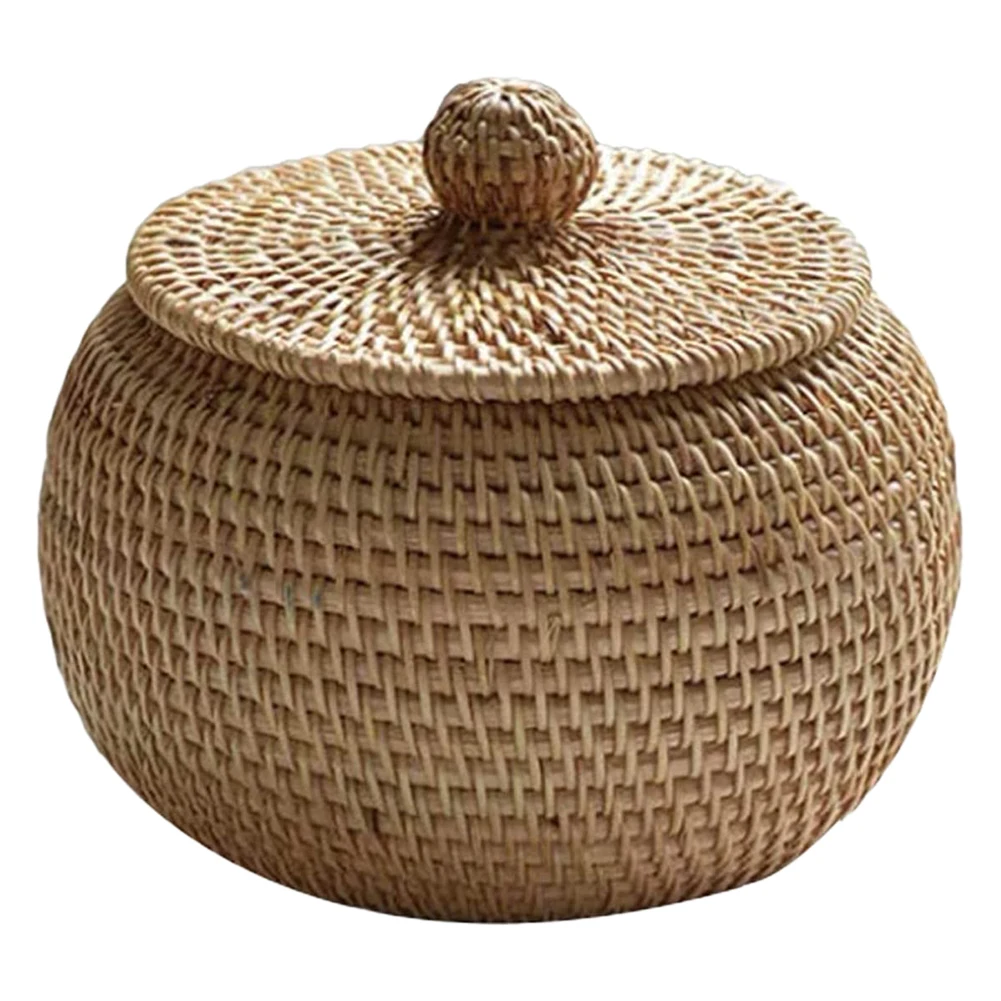 Wicker Storage Basket With Lid Round Fruit Basket Rattan Lightweight Hand-woven Storage Basket With lid For Fruits Vegetables