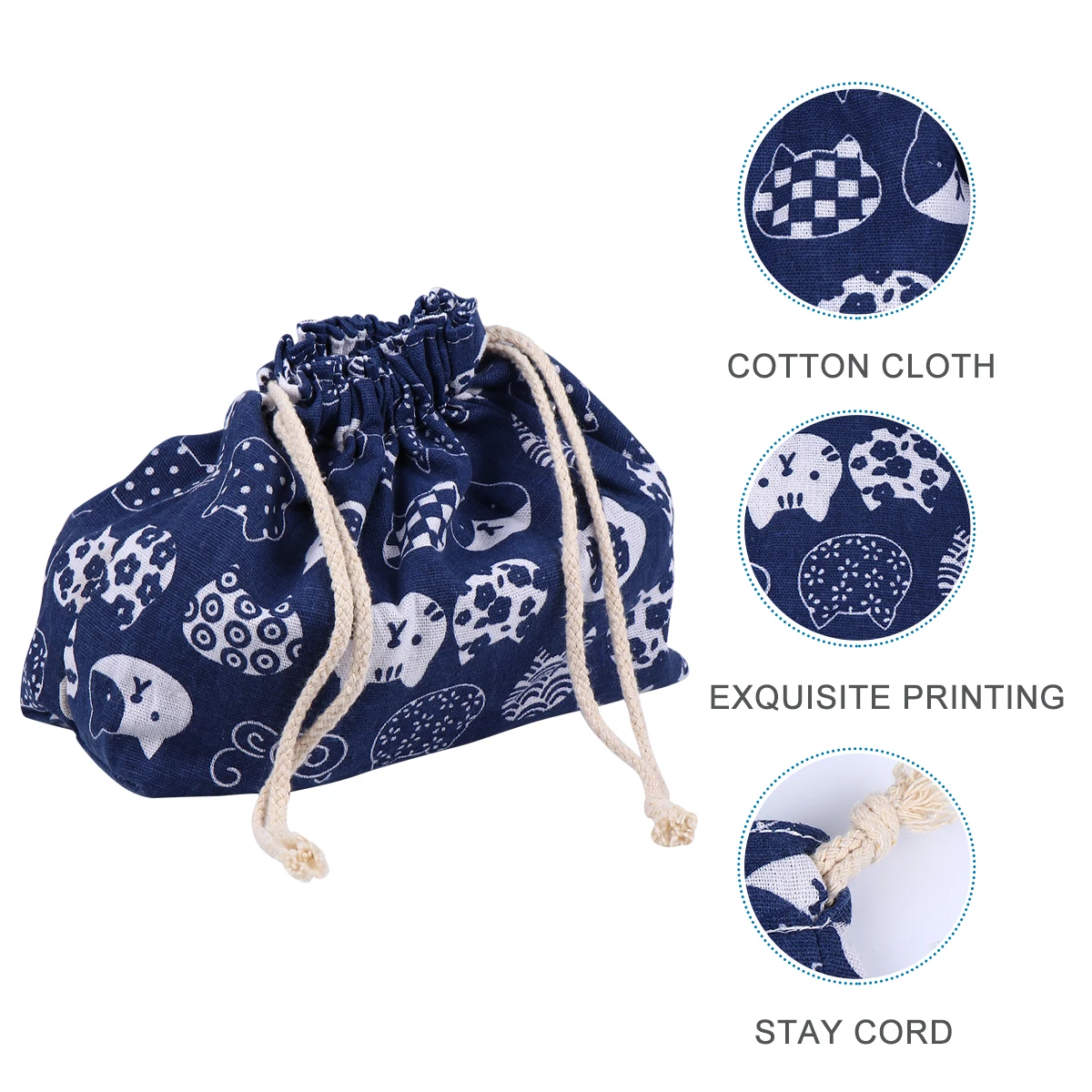 

1pc Japanese Style Bento Cotton Linen Drawstring Lunch Bag Portable Picnic Bag Office Supply Lightweight Sundry Tote Blue