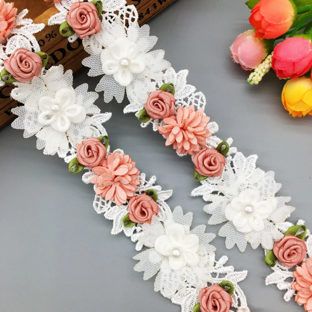 1Yard 3D Colorful Flowers Pearl Lace Trim Embroidered  Ribbon Fabric Handmade Beaded Sewing Craft For Costume Hat Decoration