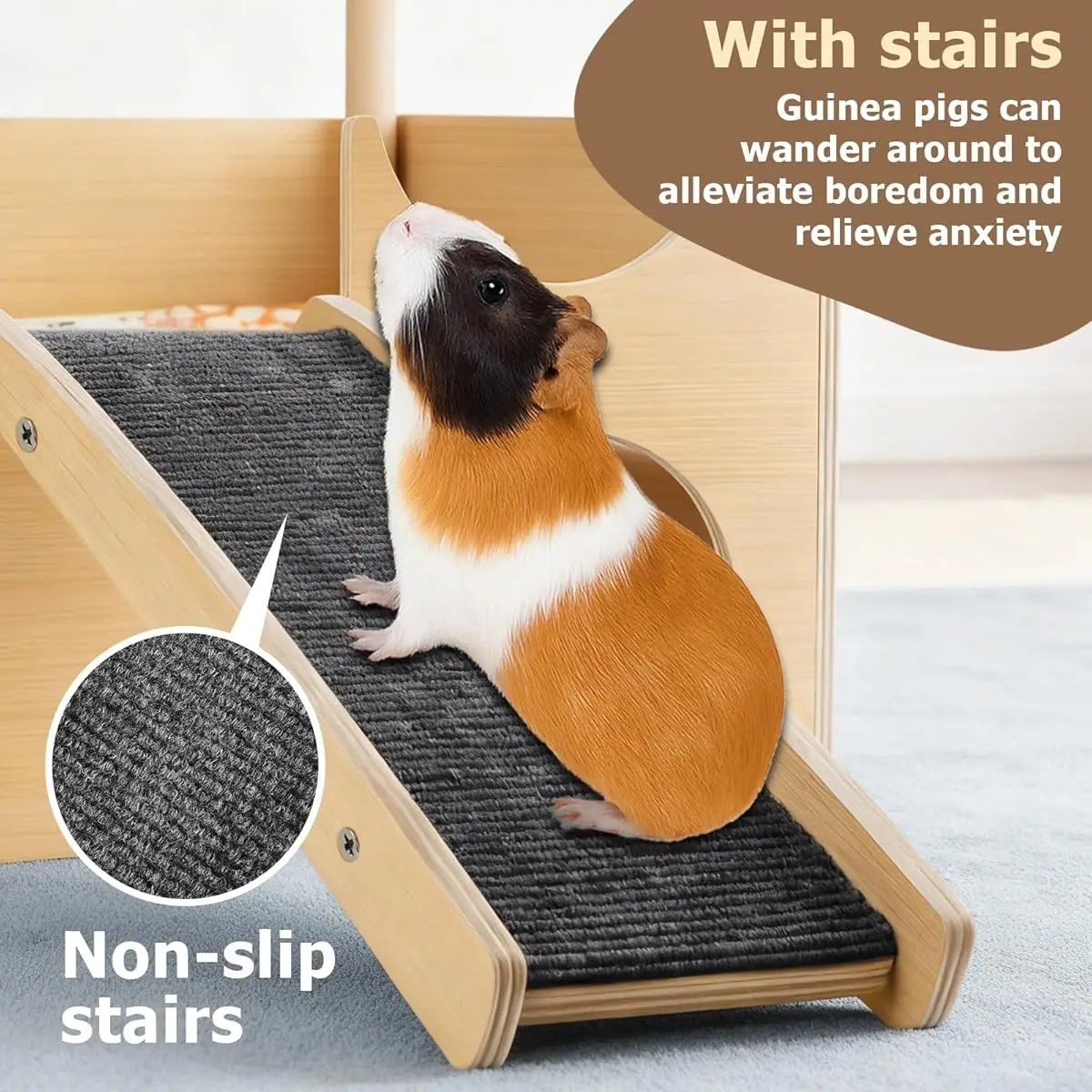 Casa de madera de doble capa para hámster con rampa y aberturas, accesorios transpirables para jaula de mascotas pequeñas con tapete lavable para conejillos de indias, conejos y chinchillas
