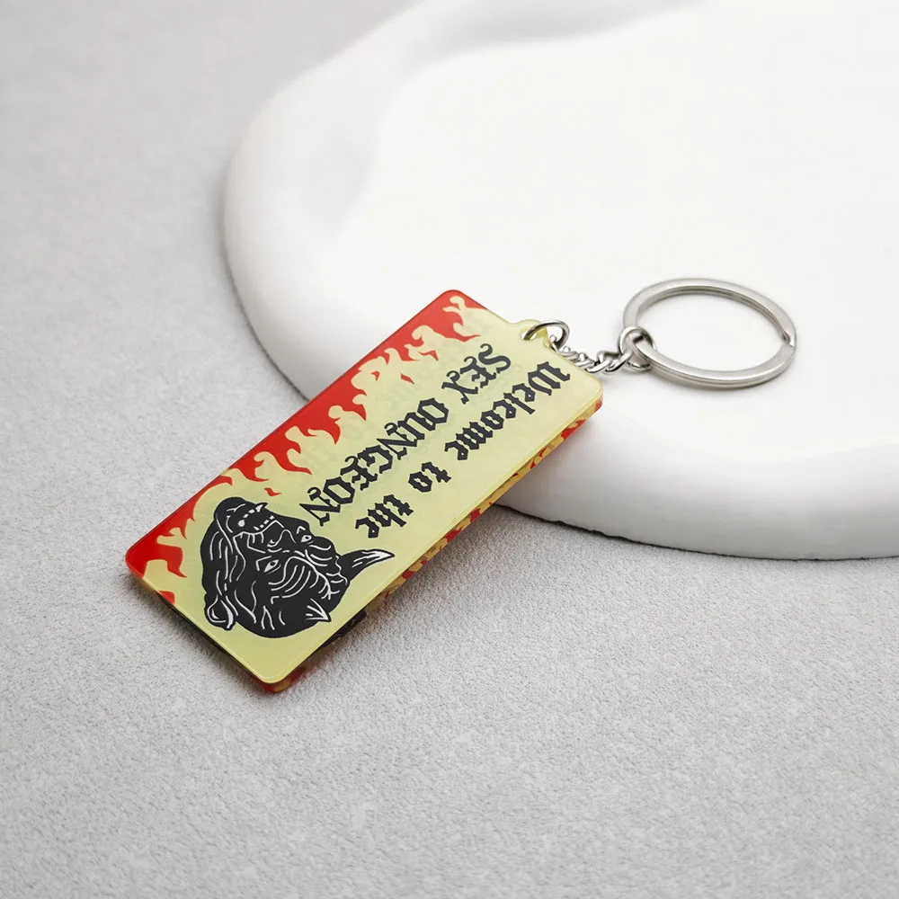 Gothic Devil Head Keychain Double Sided Acrylic Keyring Funny Quote Hellfire Pendant Backpack Decoration Key Chains Fans Gift
