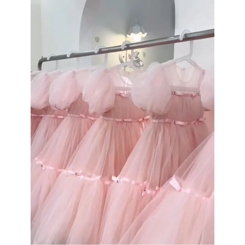 2025Korean Children's Clothing Girls Pink Dress Spring Summer Stylish Children's High-end First Birthday Performance Dress Mesh