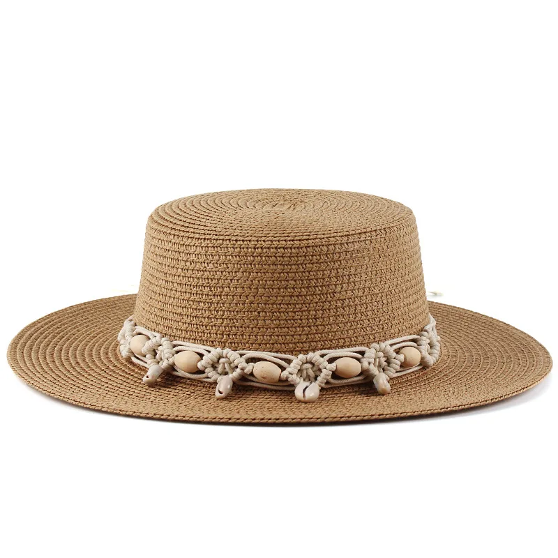 

Women's Fashion Flat-top Hat With Shell Braided Decoration, British Lady Style Small Straw Hat, Holiday Sun Hat