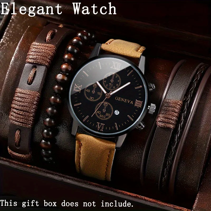

Men 1pcs Watch, 3pcs Bracelets - PU Leather Strap Casual Industrial Style Round Dia Pointer Quartz Watch for Men - Brother Gift