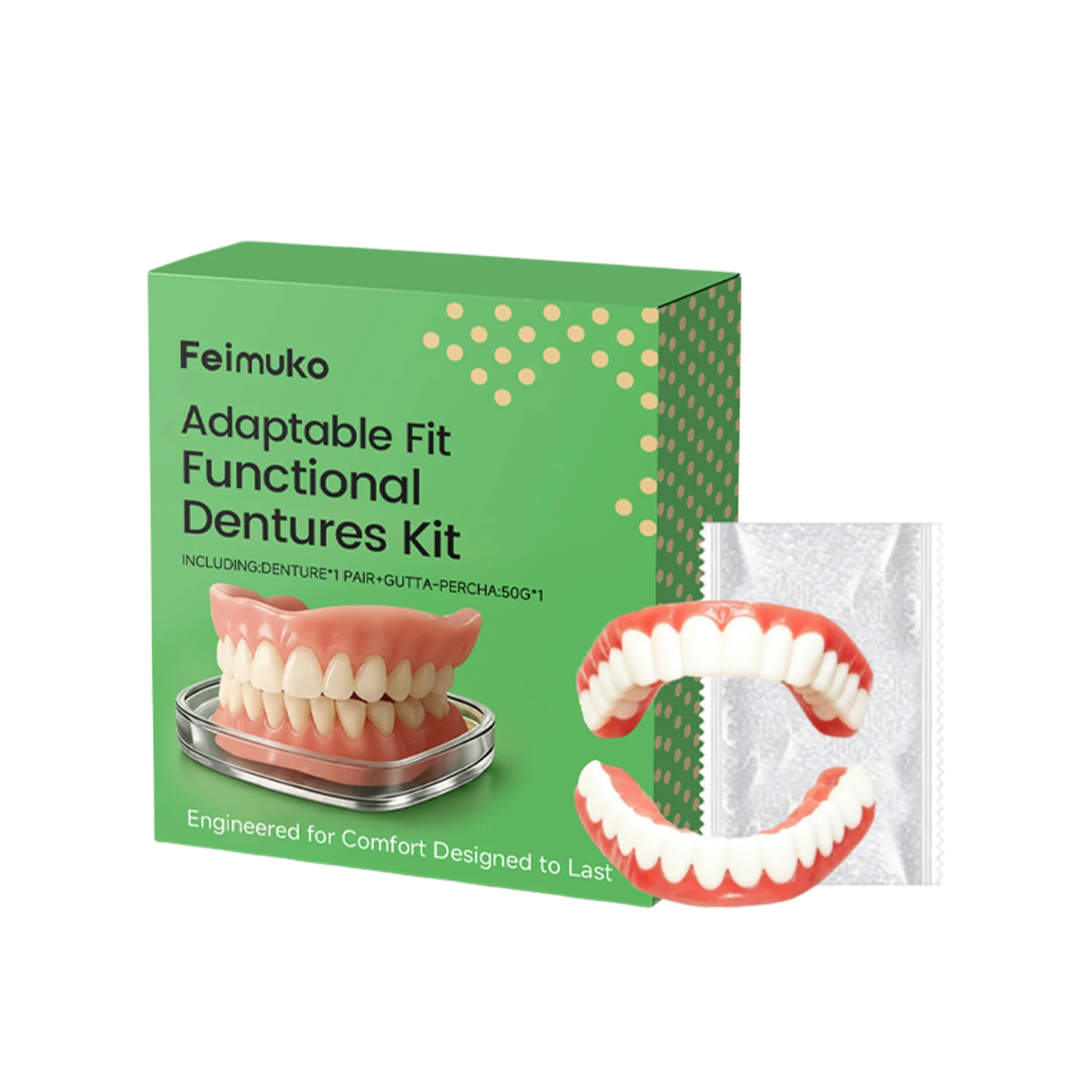 Feimuko Adaptable Fit Functional Dentures Kit - Secure Fit, Comfortable to Wear, Neatly Shapes Your Teeth, and Enhances Your Smi