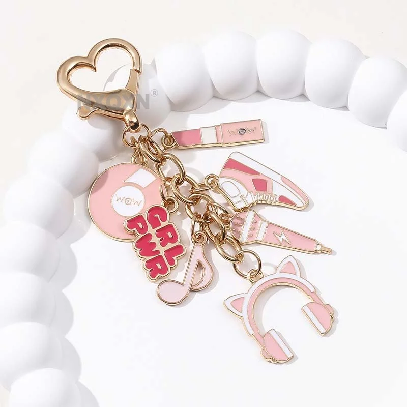 1pc Pink Cute Headphones Shoes Musical Notes Microphone Enamel Keychain Lovely Girl Power Key Ring For Friendship Gift Jewelry