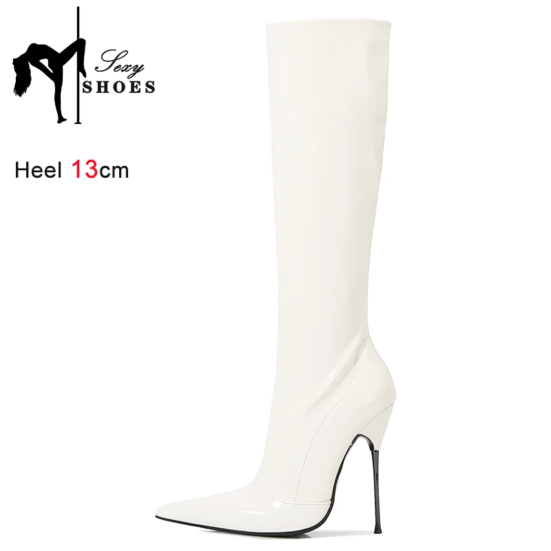 Red Pointy Knee-High Boots Women Sexy 13CM Thin Heels High Heels Shoes Female Fashion Side-zipper Sexy Autumn New Boots Size 46