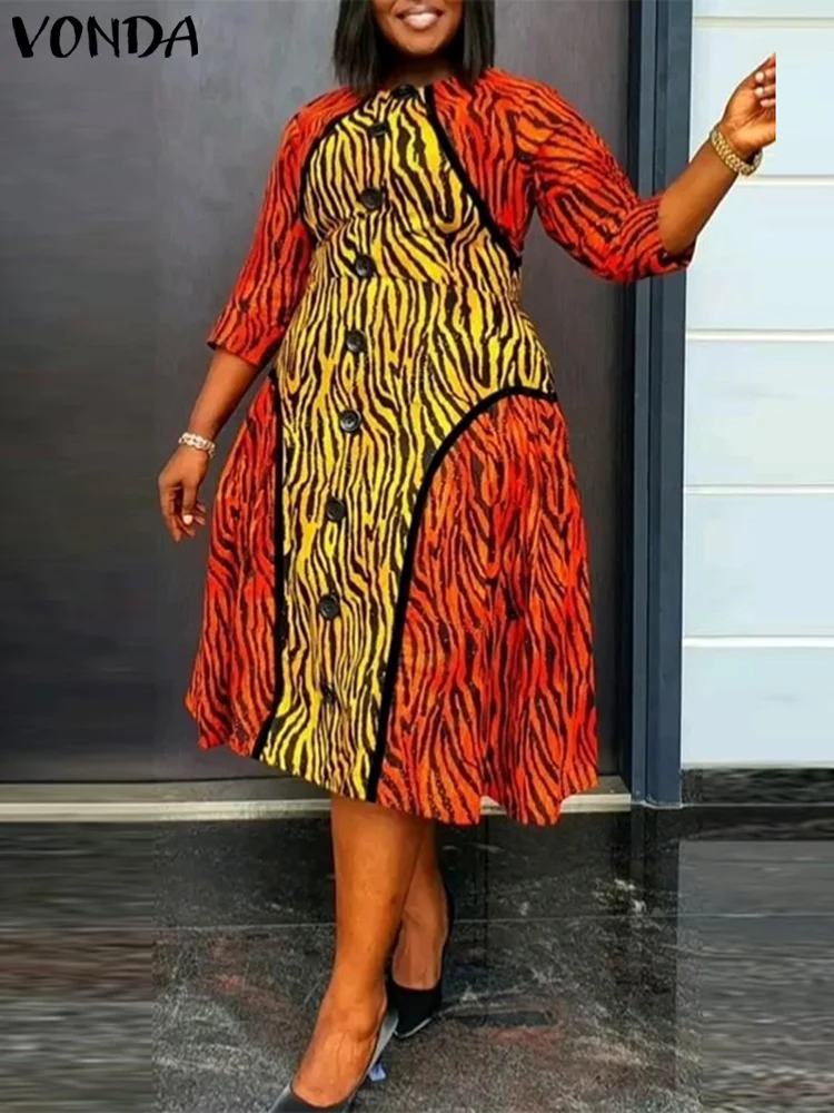

Plus Size 5XL VONDA Women Spring Printing Midi Dress 2025 Bohemian Sundress Elegant Sundress Casual Robe Oversized Vestido