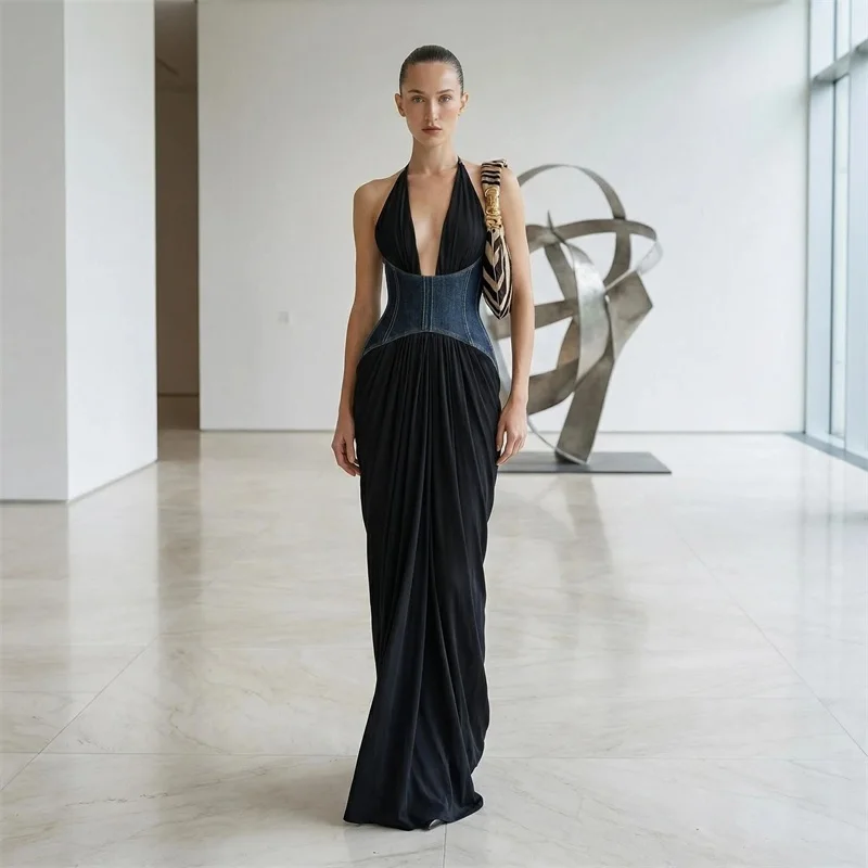 

Black Denim Blue Prom Dress Sexy Sleeveless Backless Halter Neck Party Gown Casual Hot Girl Formal Wedding Guest Birthday Robe