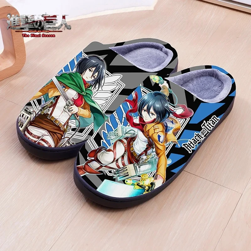 

Attack on Titan Plush Slippers - Winter Couple's Non-Slip House Slides, Anime Toe Wrap Cotton Home Shoes for Men & Women Gift