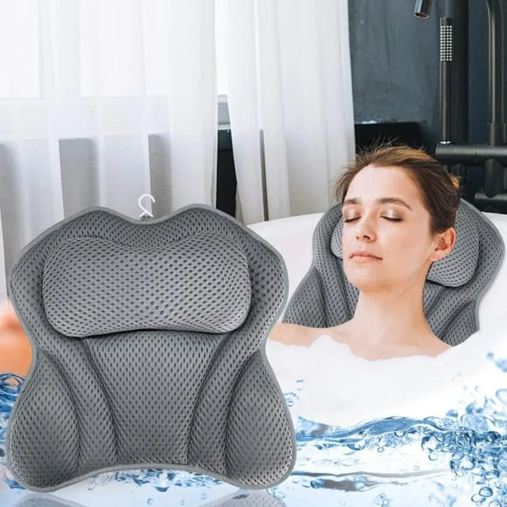 Grey Bath Pillow Non-Slip With Suction Cup For Neck and Back Support Breathable 3D Mesh Bathtub Spa Head Rest Bathroom Supply