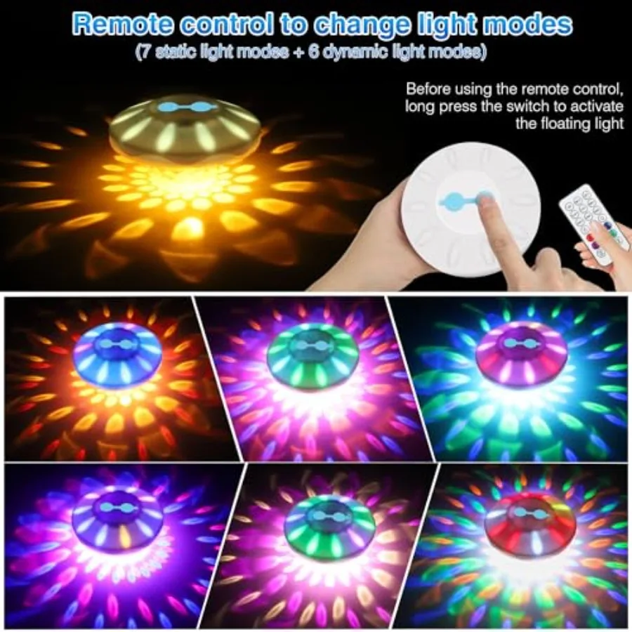 Floating Pool Lights,Pool Lights for Inground Pools with 6 Dynamic Lighting Effects, Rechargeable IP68 Waterproof RGB Upper and