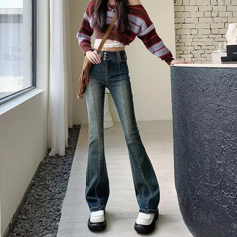 2025 New Vintage Streetwear Blue Flare Jeans Women's Y2k Fashion High Waist Washed Straight Pants Korean Casual Slim Flare Jeans