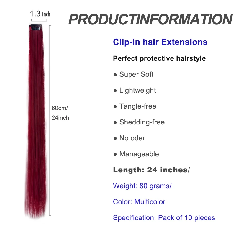10PCS Hair Extensions Clip in -24 inch Colorful Hair Extensions Party Highlights Long Straight Synthetic Wigs,Suitable for Girl