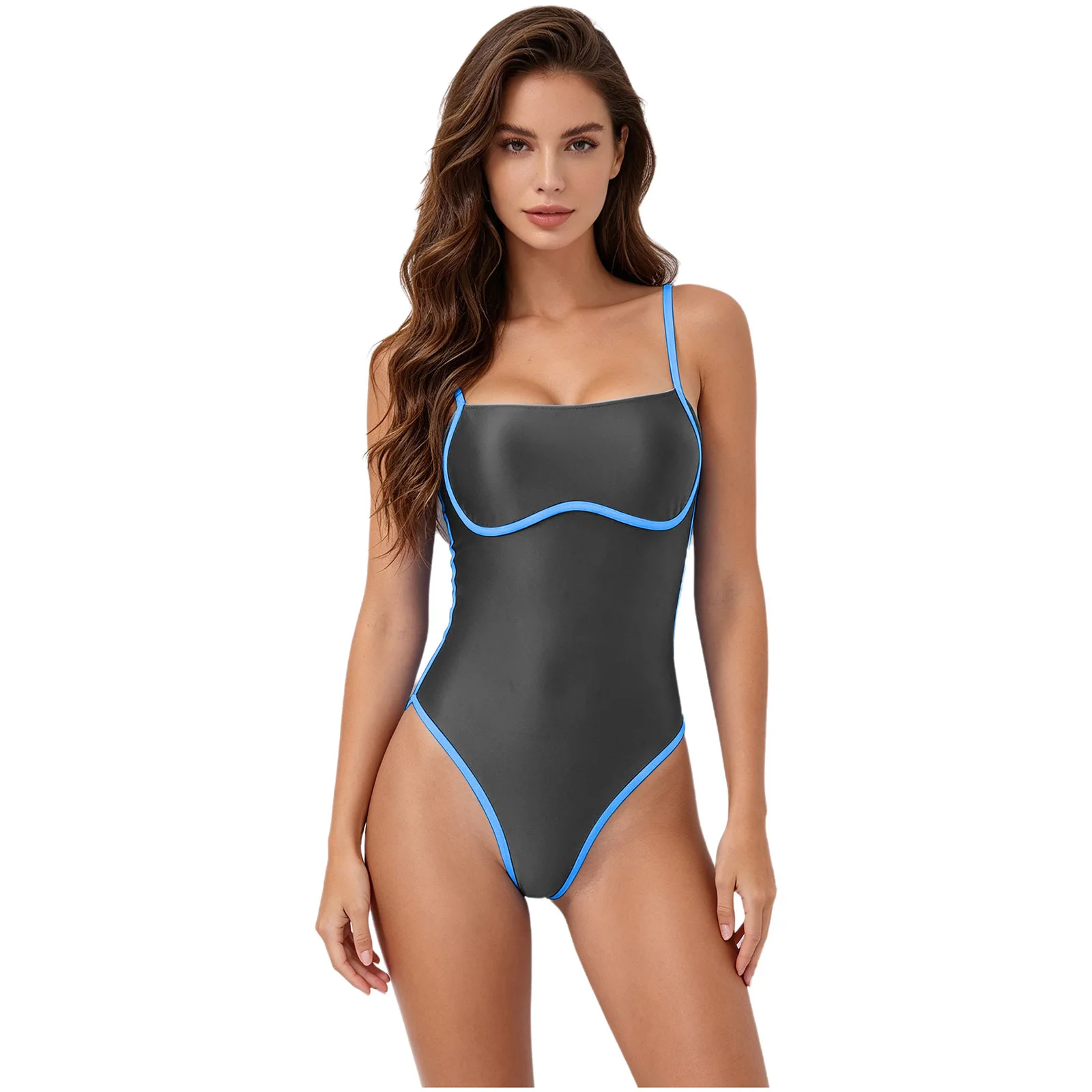 Damen Satin-Bodysuit Monokini Bademode mit Bügel, hoch geschnittener Badeanzug mit eckigem Ausschnitt, verstellbare Träger, einteiliger Badeanzug – Detail 9