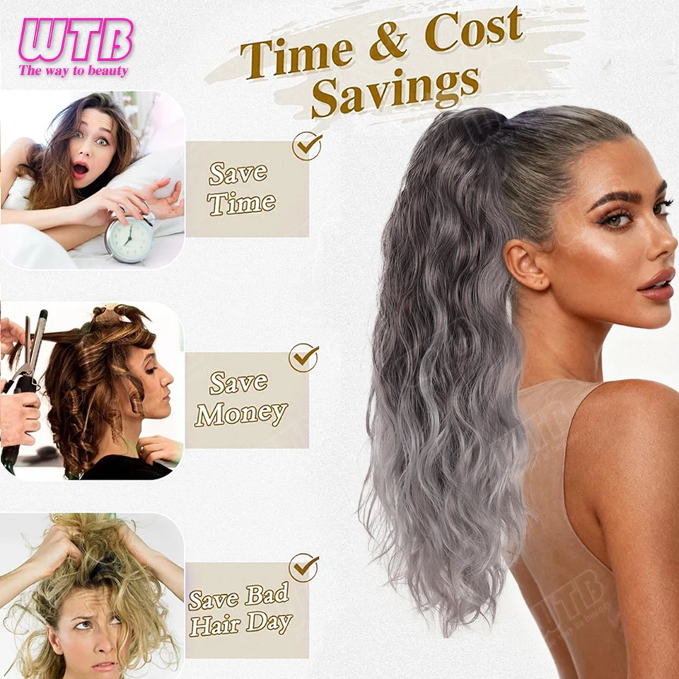 WTB Synthetic Ponytail Wig with Clip Style Gradient Color Wavy Curly Hair Suitable for Beginner Women and Girls for Daily Wear