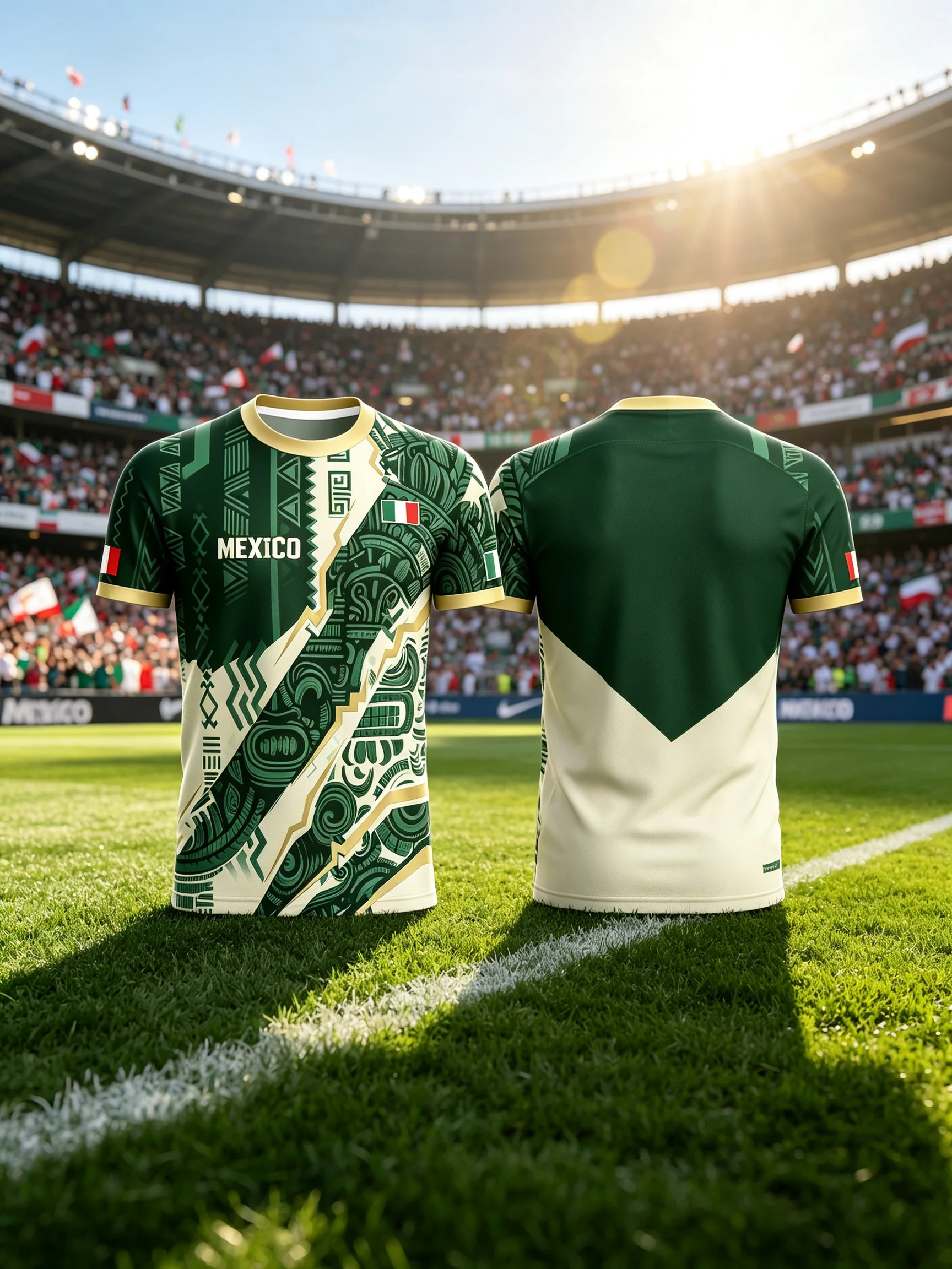 Mexico Eagle Totem Football Jersey Men Spliced Short Sleeve T‑Shirt Vertical MEXICO Letter Print Cuff Ethnic Pattern