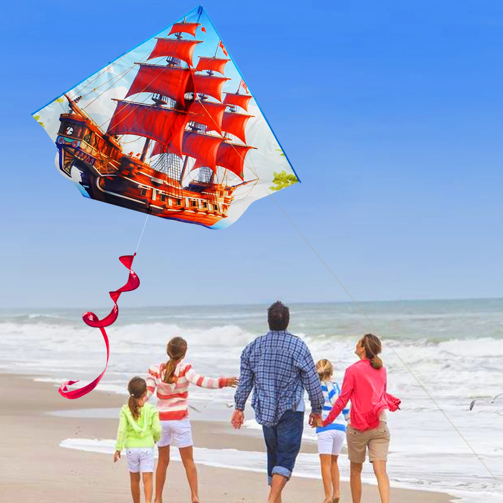 NEW Outdoor Fun Sports Red Sailboat  Kite With Handle And Line Good Flying Factory Direct Sales