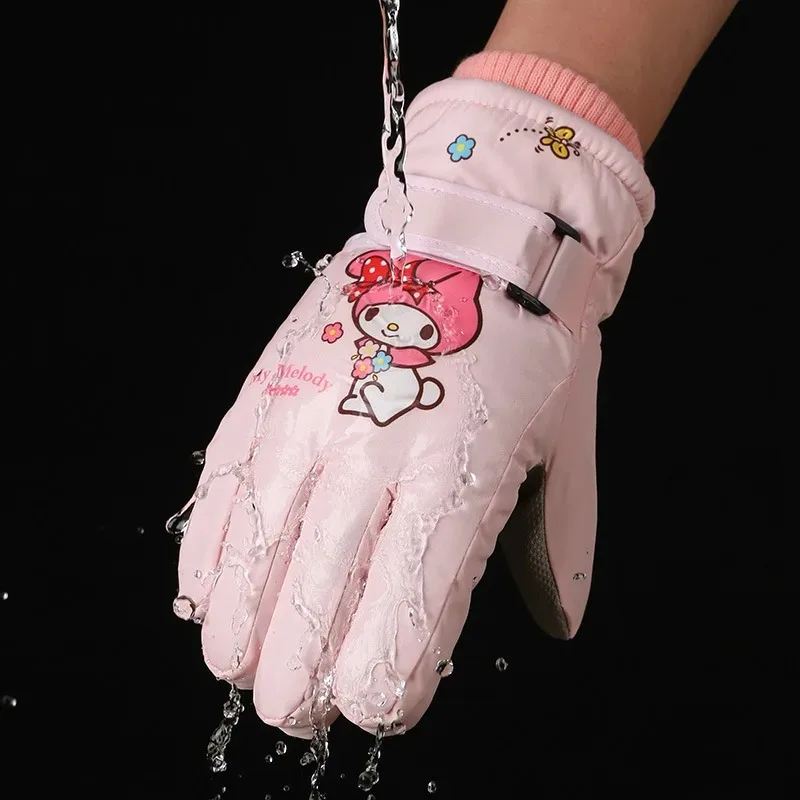 Melody Kuromi Winter Children Fleece Gloves Waterproof Outdoor Ski Warm Outdoor Cycling Gloves Windproof Cold Resistant Sanrio