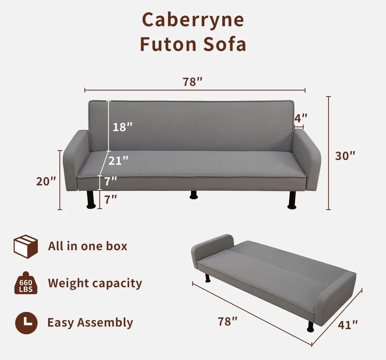 78-Inch Convertible Fabric Futon Sofa Bed, Folding Sleeper Couch with Curved Armrest, Futon Couch for Living Room, Apartment, Bedroom, Office, Dark Gray