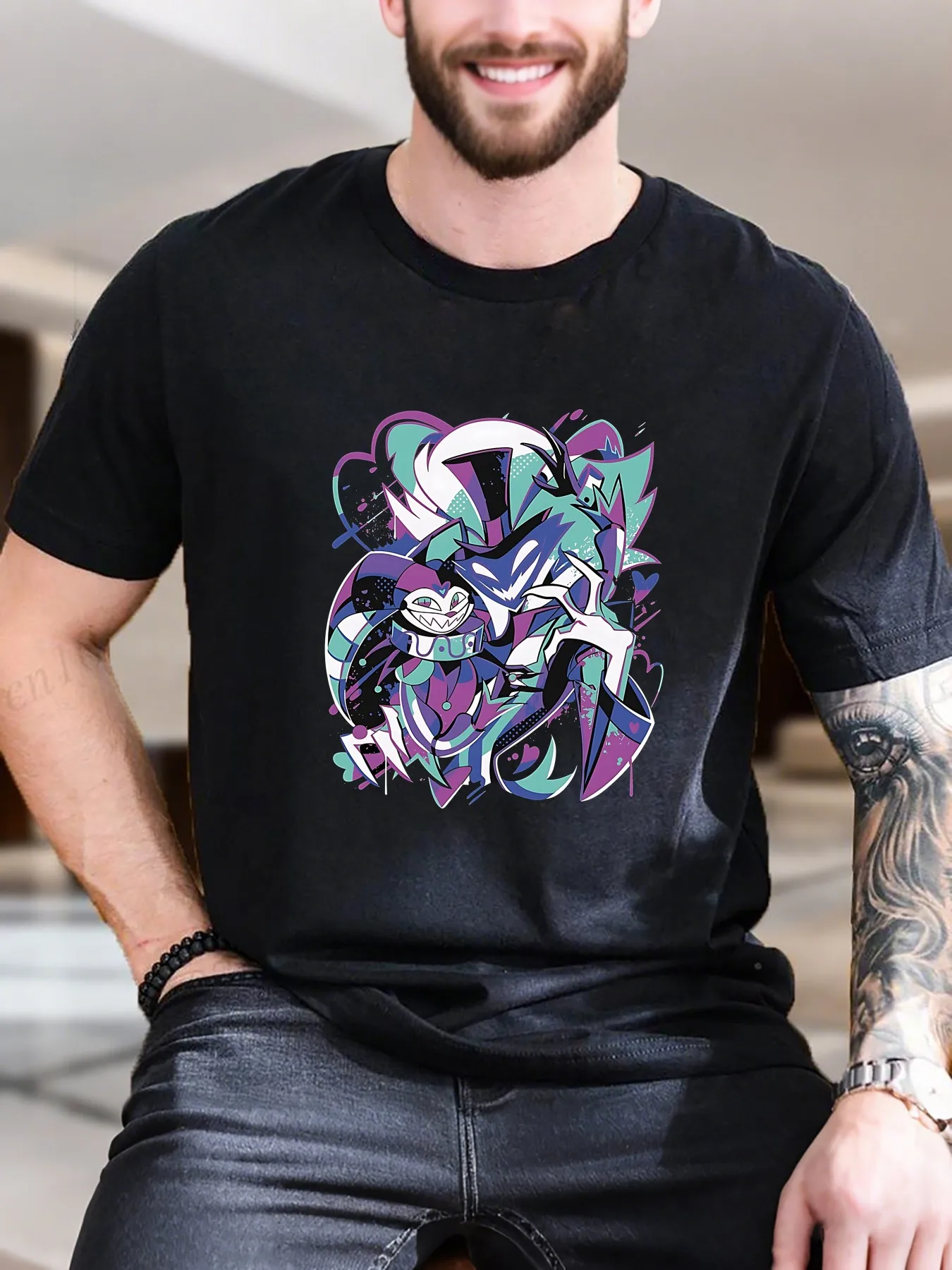 

New Arrival Fashion Men's Trendy Graffiti Print T-Shirt Purple Blue Women's Design 100% Cotton Breathable Casual Comfort Summer