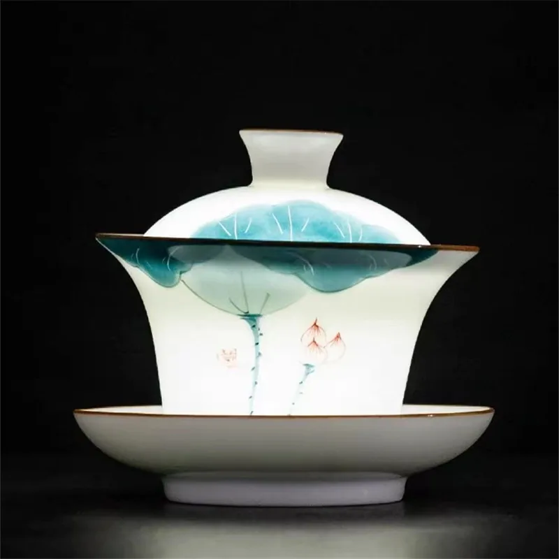 Handbemaltes Tee Fat Jade Weißes Porzellan Gaiwan Haushaltskeramik-Tee-Ei Traditionell mit Deckel Teetasse