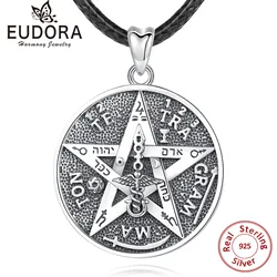 EUDORA 925 Sterling Silver Pentagram Runes Necklaces Amulet Leather Chain Guardian Star Tetragrammaton Pendant for Men Jewelry