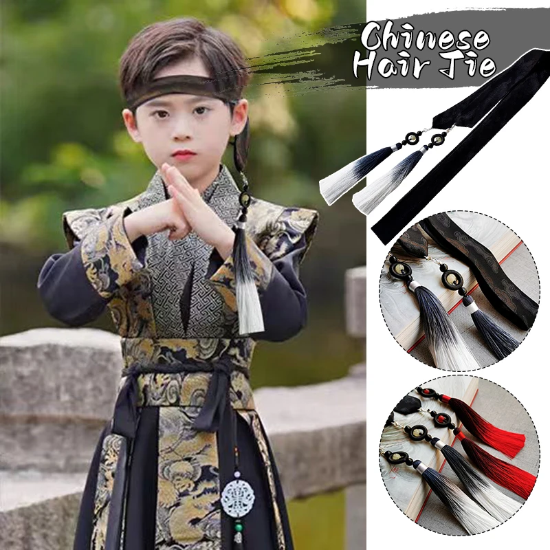 Hiasan kepala Hanfu kuno Cina, aksesori kepala Hanfu tali rambut merah hitam uniseks Aksesori gradien rumbai panjang, alat peraga Cosplay