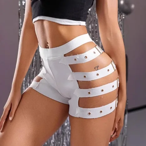 กางเกงขาสั้นเอวสูงผูกเชือกเว้าข้างสำหรับผู้หญิง ช่วยกระชับสัดส่วน ยกสะโพก เหมาะสำหรับใส่ไปไนต์คลับ แฟชั่นเซ็กซี่ สีดำ/ขาว