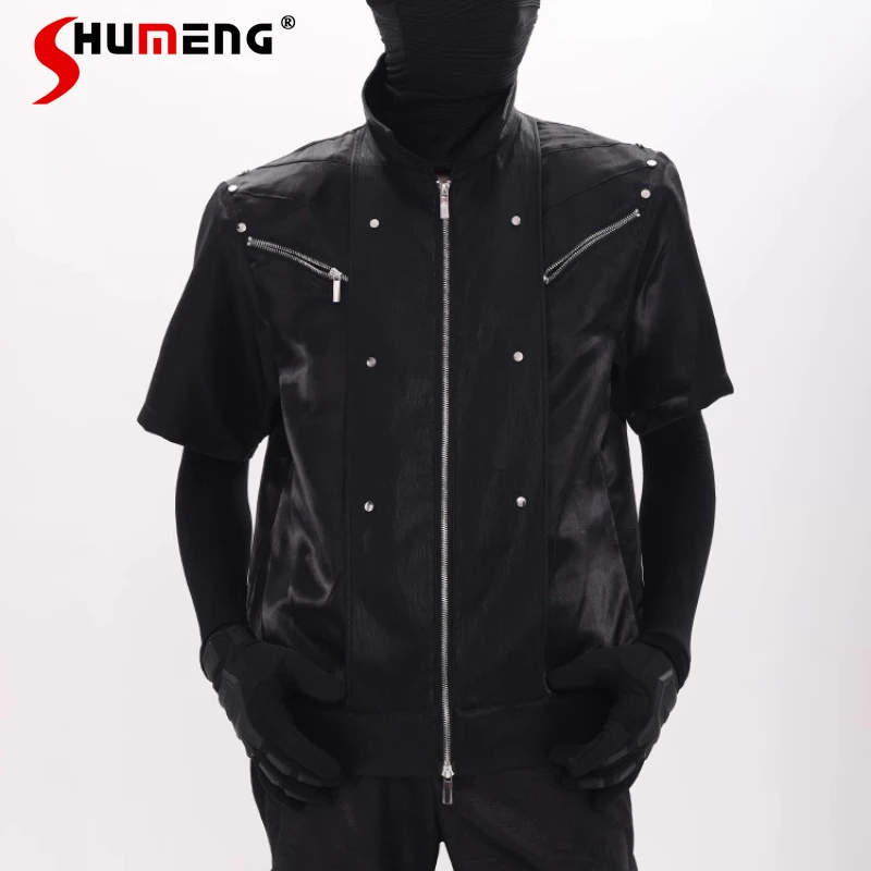 

Men's 2025 Spring Summer New Padded Shoulder Shirts High-end Multi-zipper Design Tops Short Sleeve Solid Color Chic Shirt Jacket
